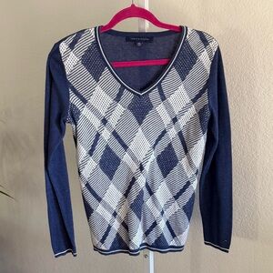 Tommy Hilfiger Sweater Women XS Navy Plaid Long Sleeve Cotton Blend Preppy